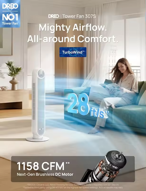 2026 Upgraded DC Motor Tower Fan, 28ft/s Smart Standing Fan, 90° Oscillation, 20dB Quiet, 8 Speeds 4 Modes, 8H Timer, Remote/WiFi/Voice Control