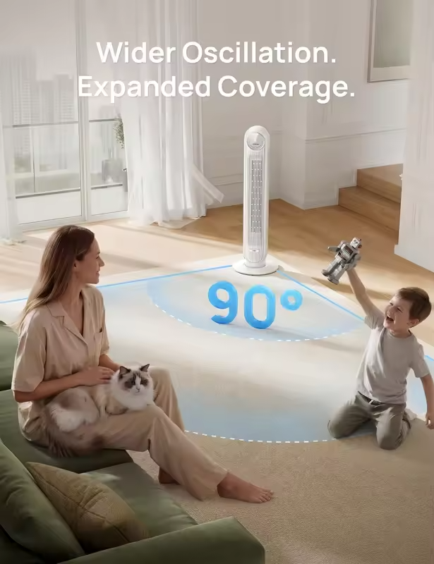 2026 Upgraded DC Motor Tower Fan, 28ft/s Smart Standing Fan, 90° Oscillation, 20dB Quiet, 8 Speeds 4 Modes, 8H Timer, Remote/WiFi/Voice Control