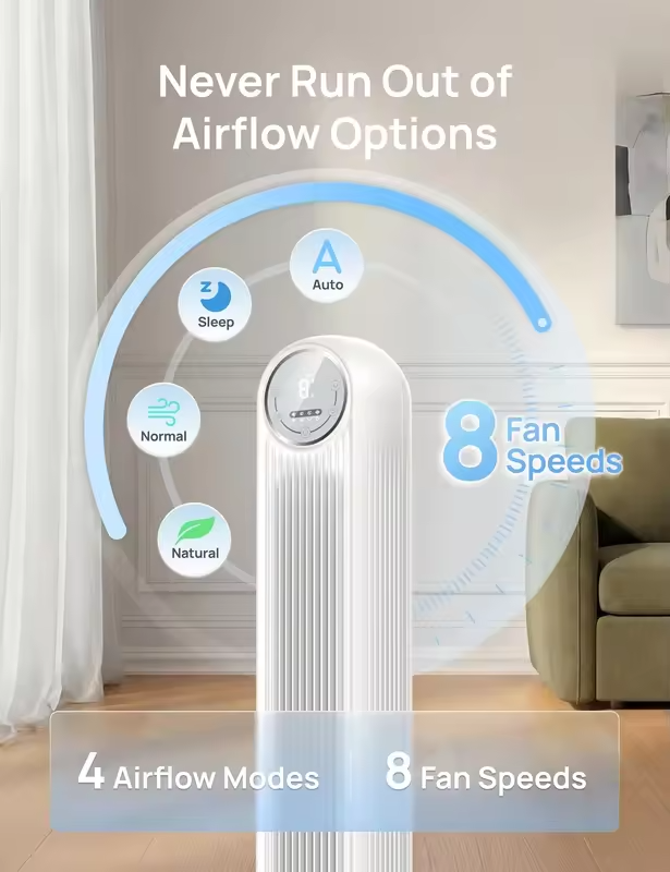 2026 Upgraded DC Motor Tower Fan, 28ft/s Smart Standing Fan, 90° Oscillation, 20dB Quiet, 8 Speeds 4 Modes, 8H Timer, Remote/WiFi/Voice Control