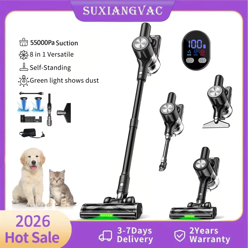 Cordless Vacuum Cleaner, 55Kpa/55min Self-Standing Powerful Stick Lightweight Vacuum Cleaner for Home Pet Hair/Hard Floor/Carpet
