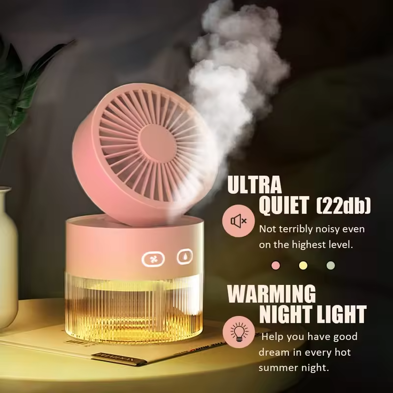 Portable Spray Fan USB Rechargeable 3 in 1 Cooling Humidifier Aroma Diffuser Night Light Desk Fan for Office Dorm Car Travel