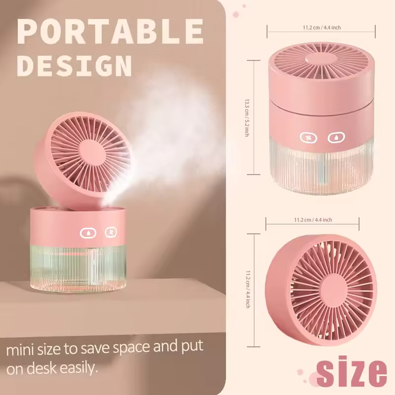 Portable Spray Fan USB Rechargeable 3 in 1 Cooling Humidifier Aroma Diffuser Night Light Desk Fan for Office Dorm Car Travel