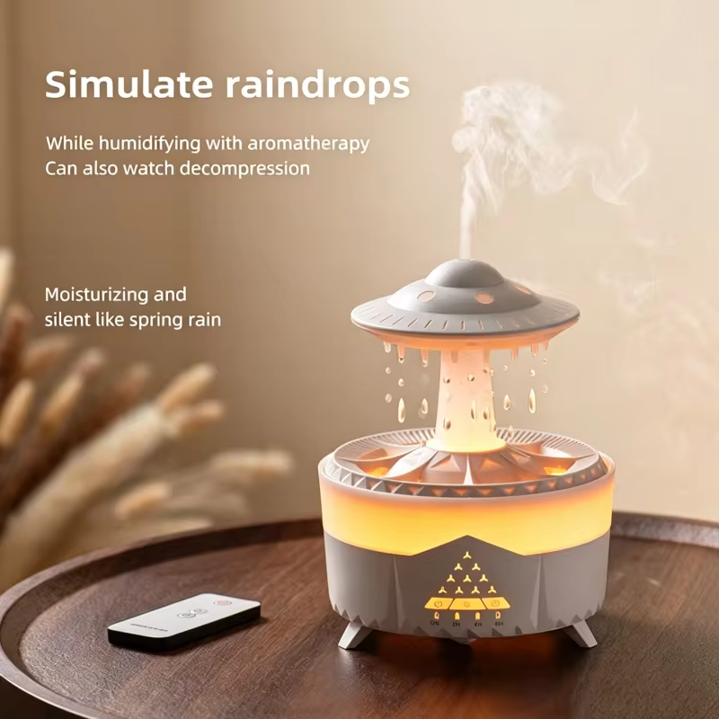 Rain Cloud Humidifier Mini UFO Aroma Diffuser with Remote Control - Colorful LED Night Light & Raindrop Sound for Bedroom Home a