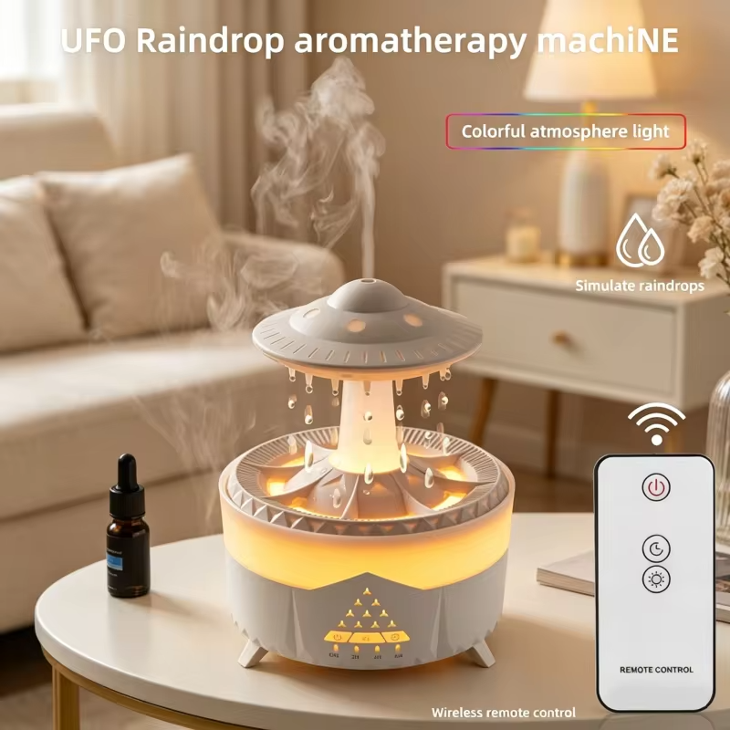 Rain Cloud Humidifier Mini UFO Aroma Diffuser with Remote Control - Colorful LED Night Light & Raindrop Sound for Bedroom Home a