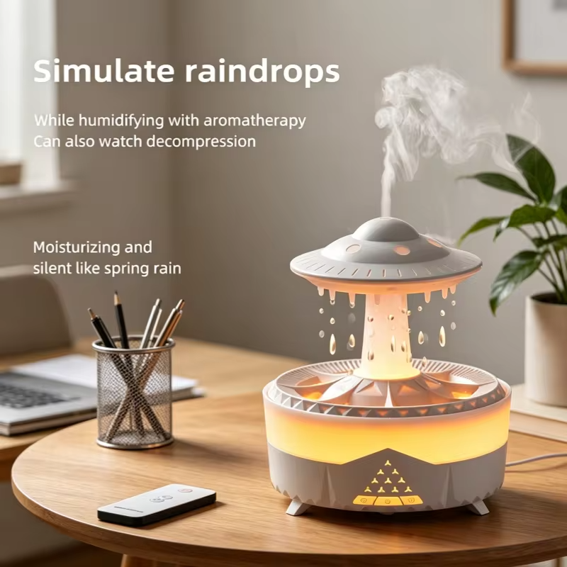 Rain Cloud Humidifier Mini UFO Aroma Diffuser with Remote Control - Colorful LED Night Light & Raindrop Sound for Bedroom Home a