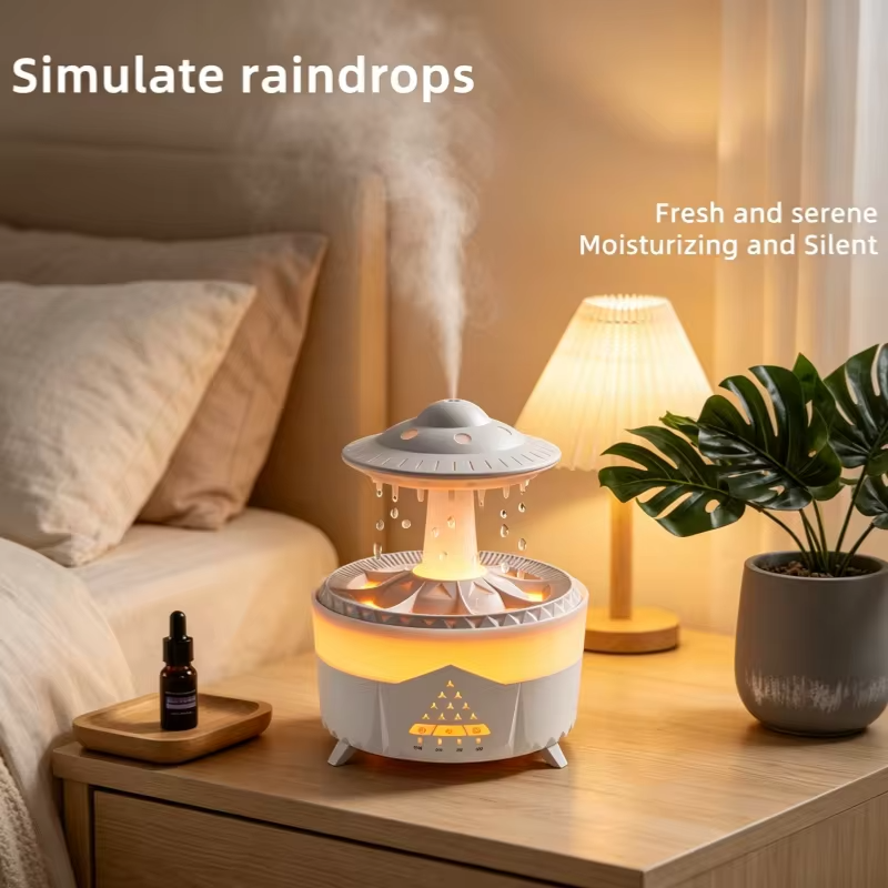 Rain Cloud Humidifier Mini UFO Aroma Diffuser with Remote Control - Colorful LED Night Light & Raindrop Sound for Bedroom Home a